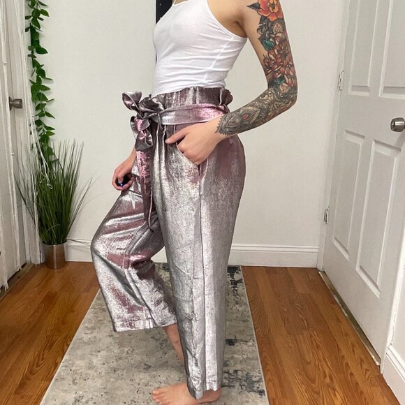 Badgley Mischka Metallic Cropped Trousers Pants Tie-Waist Size 2 Gray - Picture 3 of 8